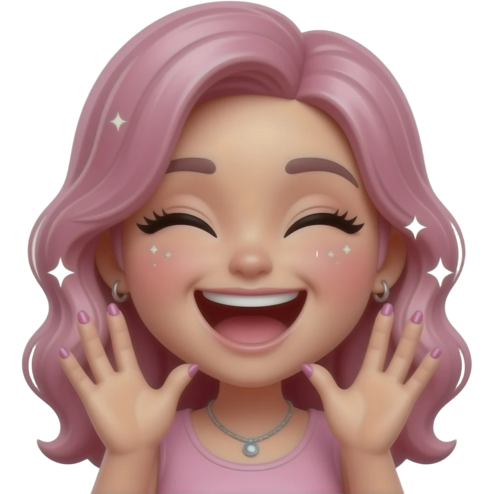 aesthetic emoji girl, talking a lot, open mouth smiling, expressive hands, trendy nail design, soft pink tones, sparkles around, lively energy, soft glam makeup, clean background, girly aesthetic, 3D emoji style, high detail emoji