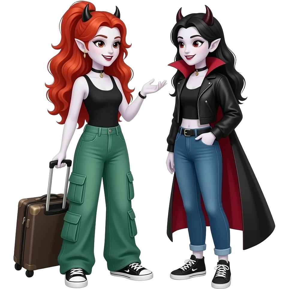 Vampiro femmina con pelle bianca e capelli rosso ondulati lunghi raccolti in una mezza coda che indossa dei jeans verdi larghi con 4 tasche verdi, un top-canottiera nero e degli anfibi corti neri e che tiene in mano una valigia e sta chiacchierando con la sua amica VAMPIRO emoji