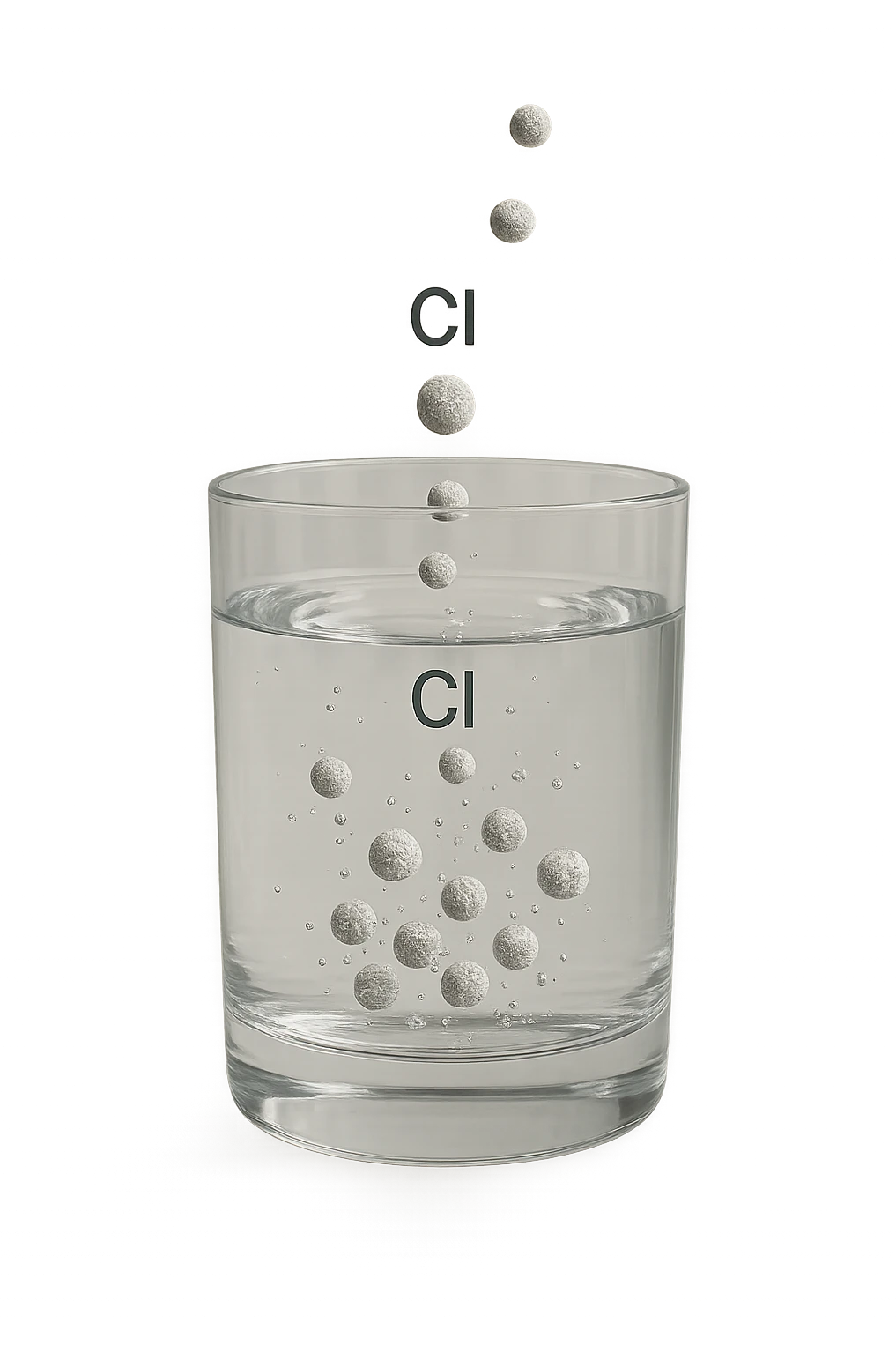 un bicchiere di acqua fluttua in aria realistico e dettagliato, dentro l'acqua del bicchiere ci sono particelle di cloro ben visibili con la scritta "Cl" sopra, ci sono particelle anche che escono dal bicchiere e fluttuan
o in aria verticalmente, mentre alcune sono all'interno dell'acqua nel bicchiere, iperrealistico 4k emoji