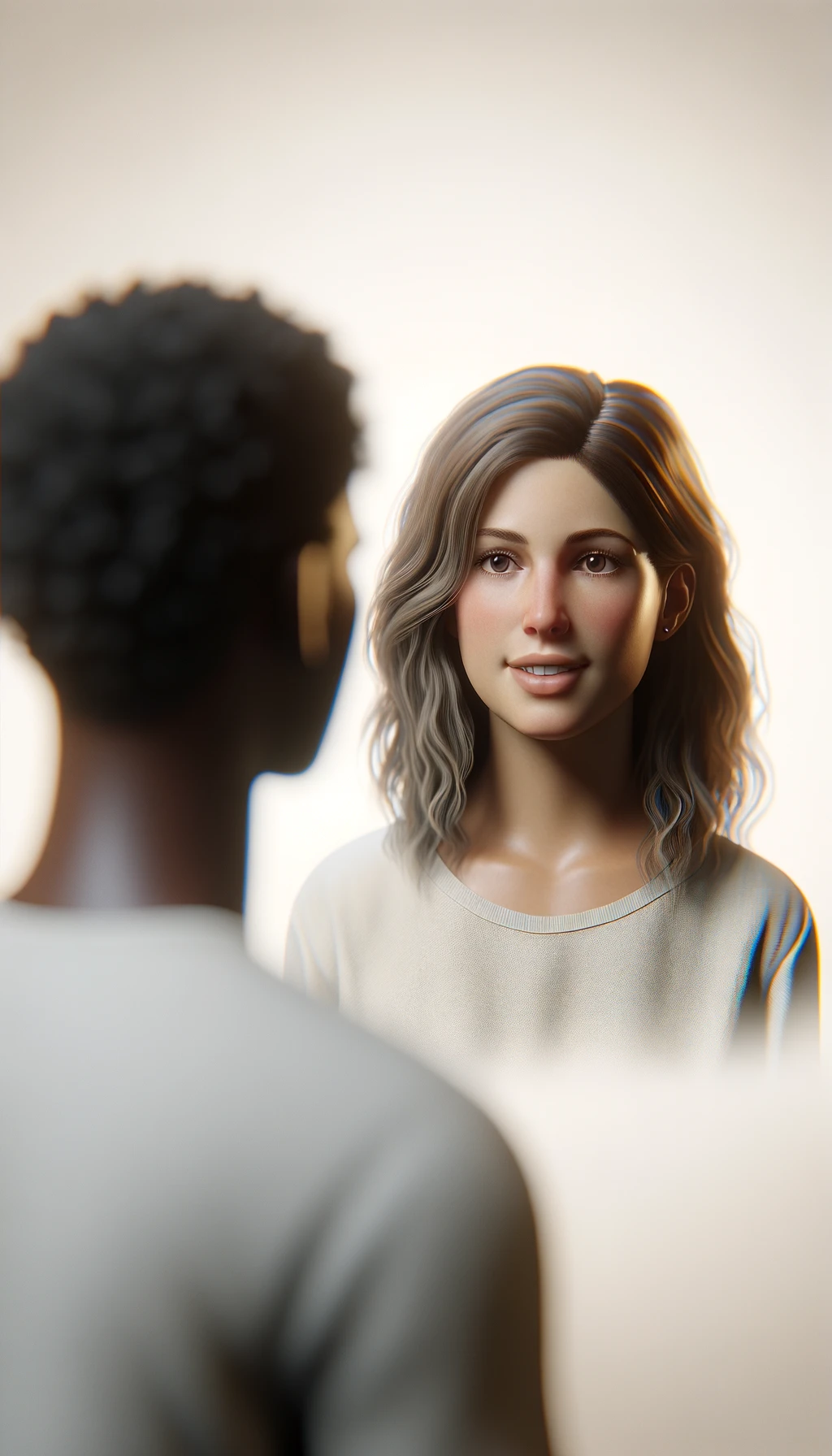 una persona parla e un altra persona di spalle lo ascolta, immagine iperrealistica 4k, sfondo chiaro emoji