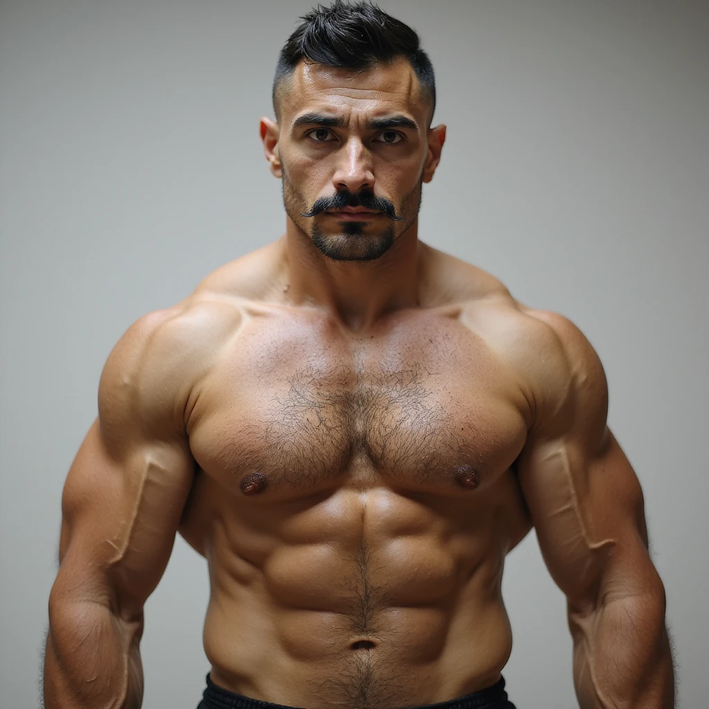 heavily pumped up man, realism, white tanned skin, black hair, buzz cut hairstyle, black handlebar mustache, brown eyes emoji