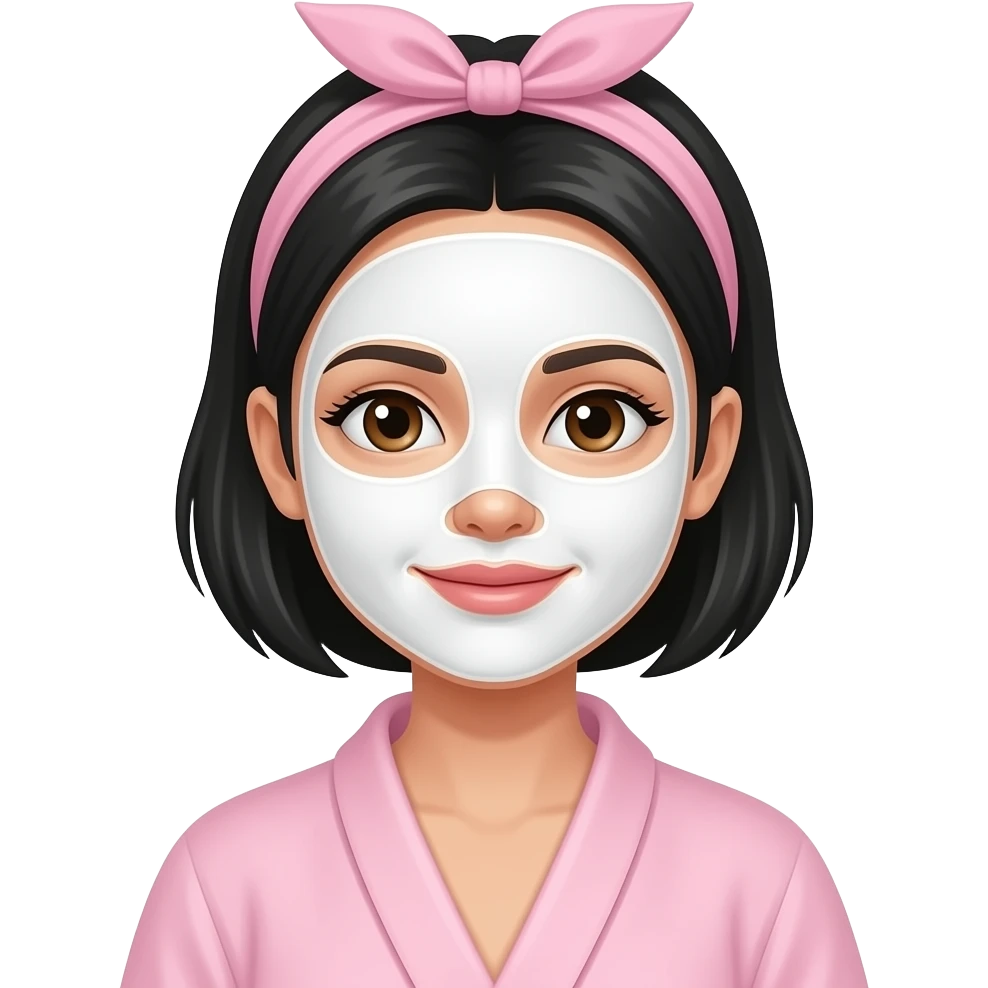 White girl with short black hair wearing a facial care mask and a pink skincare headband, with a light pink robe, iPhone emoji style emoji