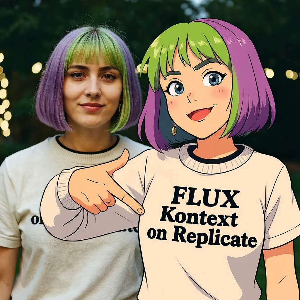 make a image of a girl with a anime version of that girl beside her wearing tshirt with text of "FLUX Kontext", avoid replicate emoji