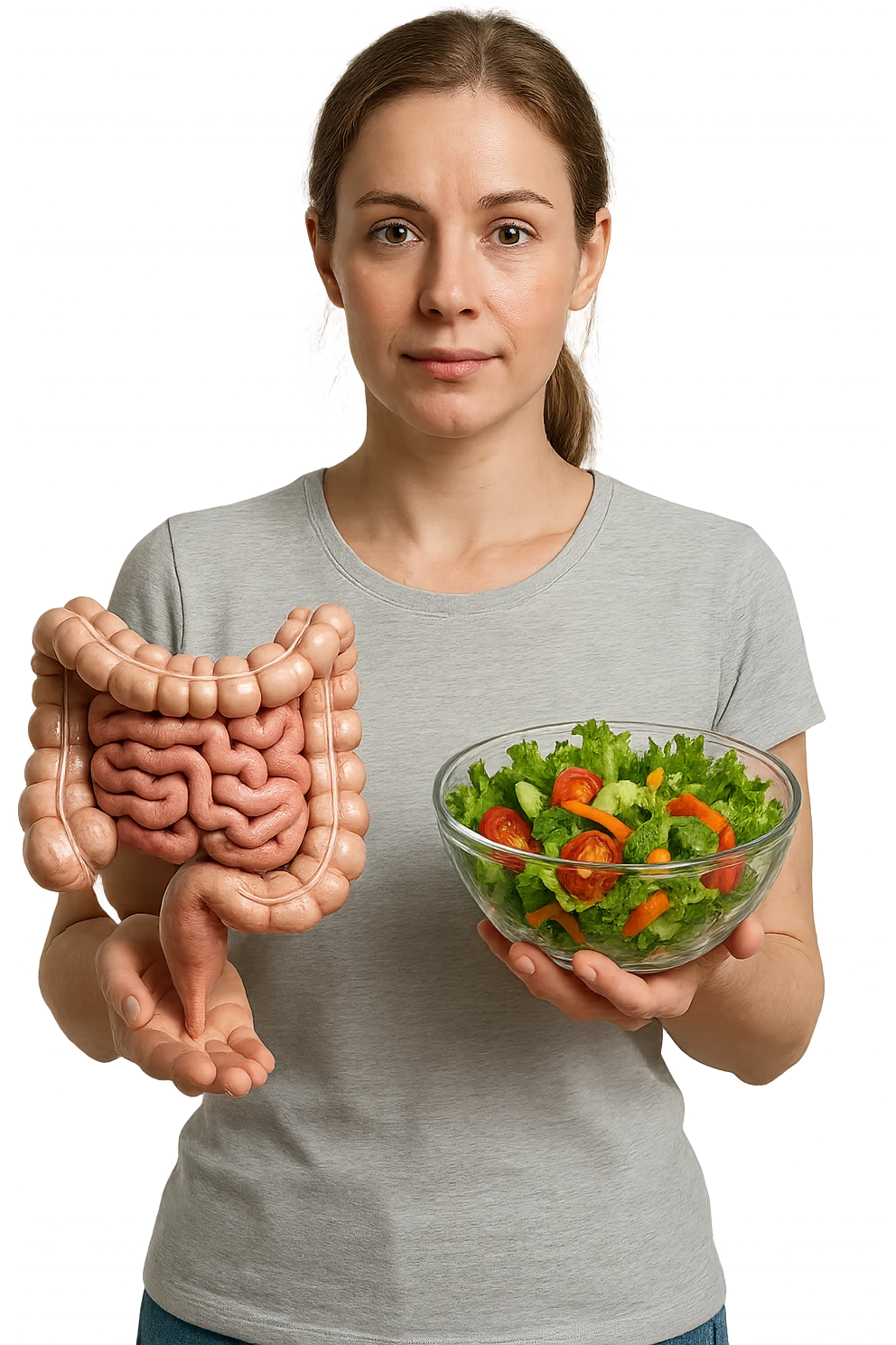 DONNA CON INTESTINO UMANO ANATOMICO CON INSALATA IN MANO, iperrealistico 4k, SFONDO BIANCO emoji