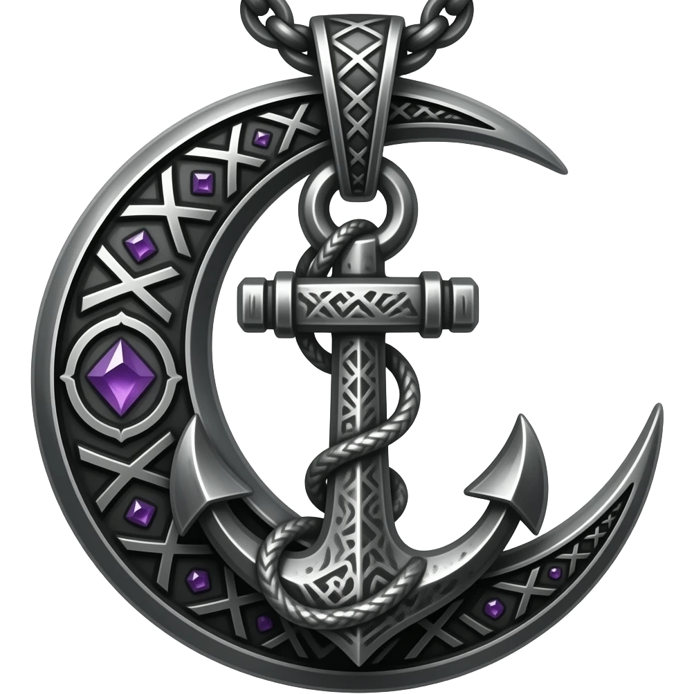 „blackened crescent‑moon and anchor pendant fused together, intricate runic engravings, small purple crystals emitting mist, moonlight reflecting on metal, ethereal atmosphere, high detail, no characters“ emoji
