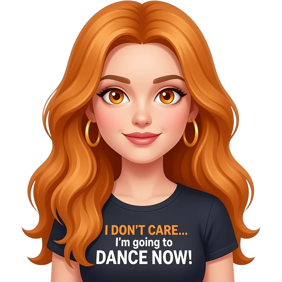 sexy girl with overlong ginger hair and ginger eyes a top with I DON'T CARE... I'm going to DANCE NOW! written on it emoji