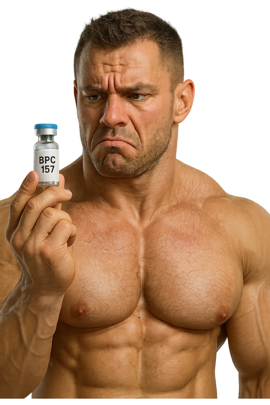 BODYBUILDER CHE TIENE IN MANO UNA FIALA MEDICA CON la scritta "BPC 157" SULL'ETICHETTA E LA GUARDA DUBBIOSO, iperrealistico 4k emoji