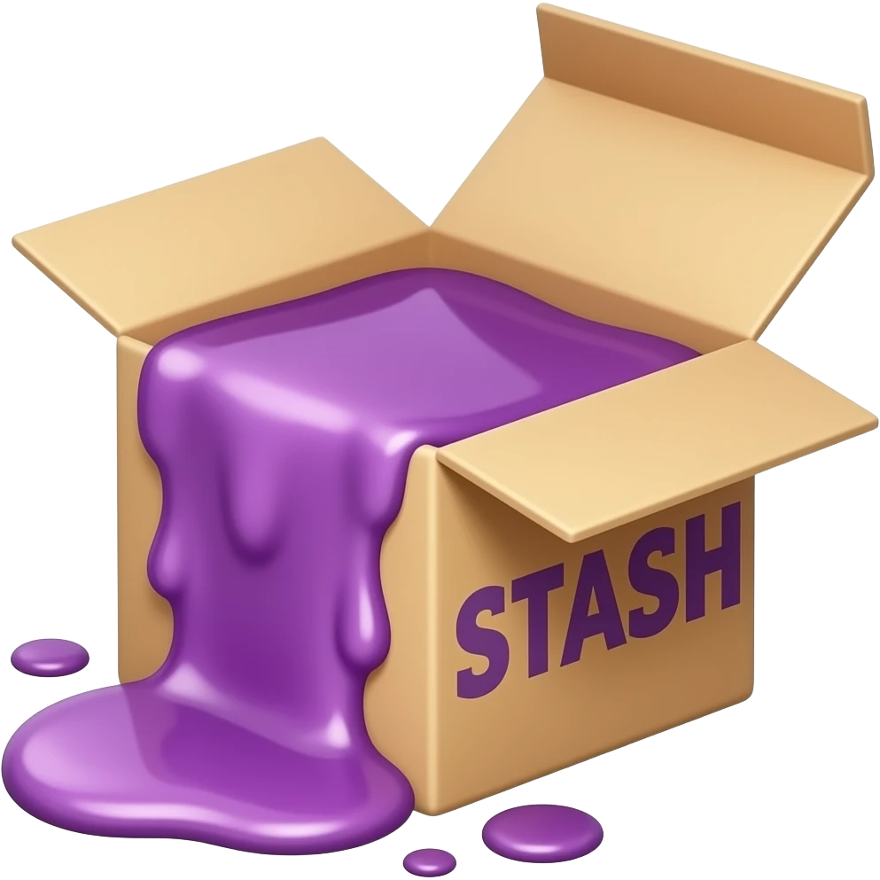 a box with purple syrup flowing out of it and a large inscription on the box saying "STASH" emoji