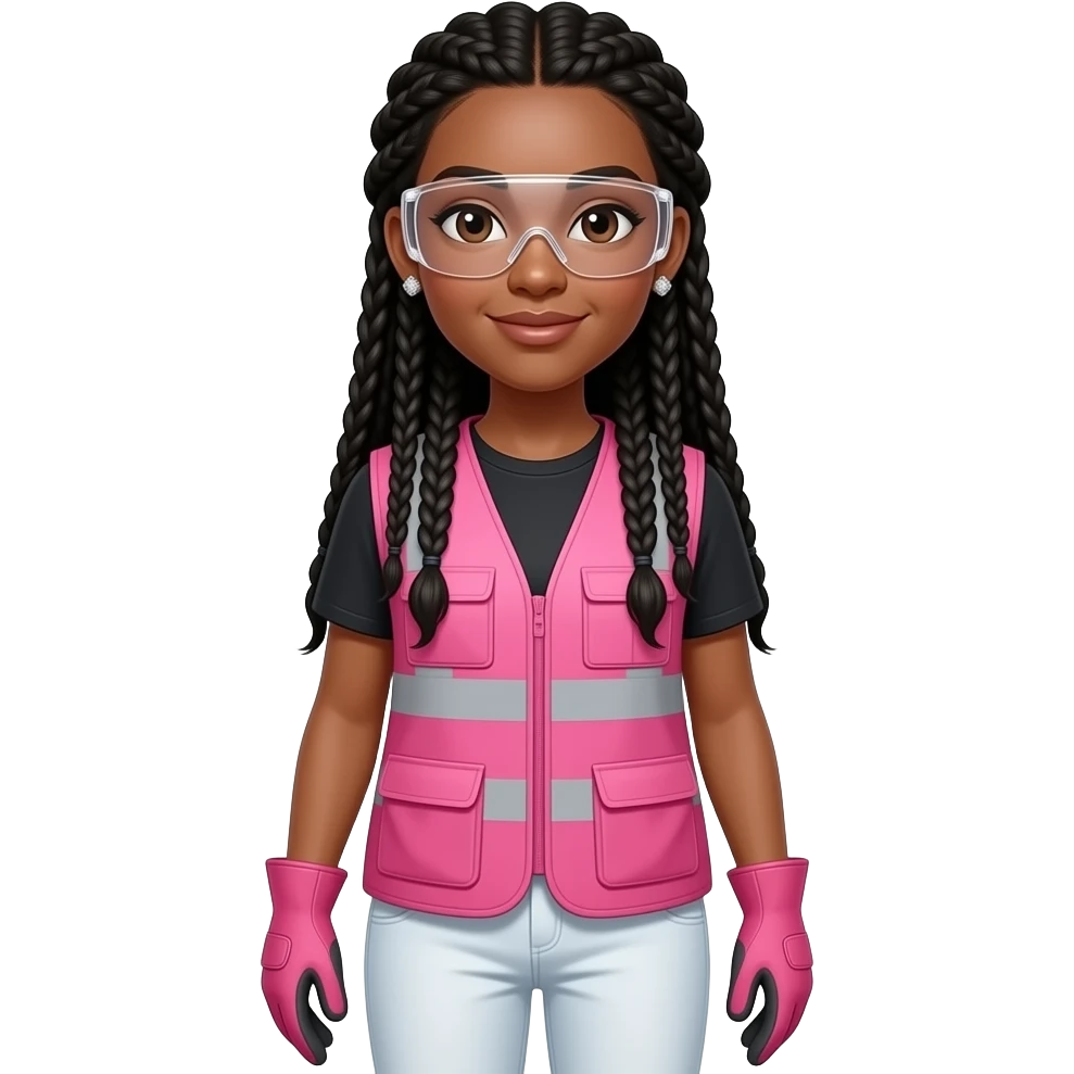Light skin woman with brown eyes with long black box braids wearing diamond earrings wearing pink and clear safety glasses wearing a pink construction vest wearing white pans wearing pink construction vest wearing white pants wearing pink construction gloves emoji