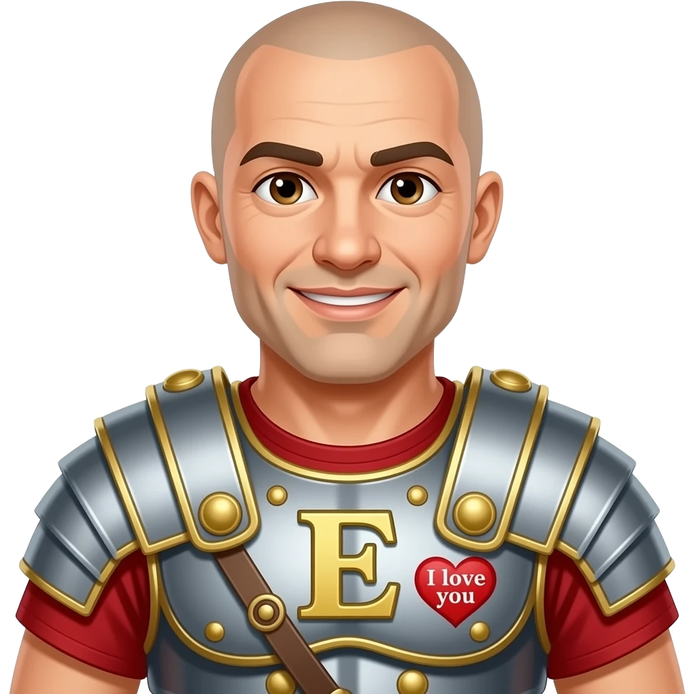 Muscular Roman soldier bald brown eyes smiling letter E on breast plate a heart outside that’s says  I love you emoji