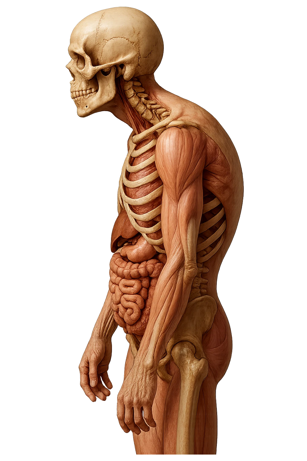 corpo UMANO ANATOMICO di profilo con spalle chiuse in avanti, postura errata, iperrealistico 4k emoji