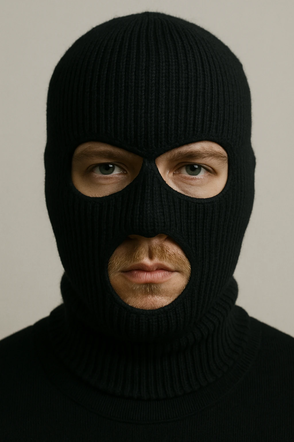 a white man in a black ski mask, close-up, plain background emoji