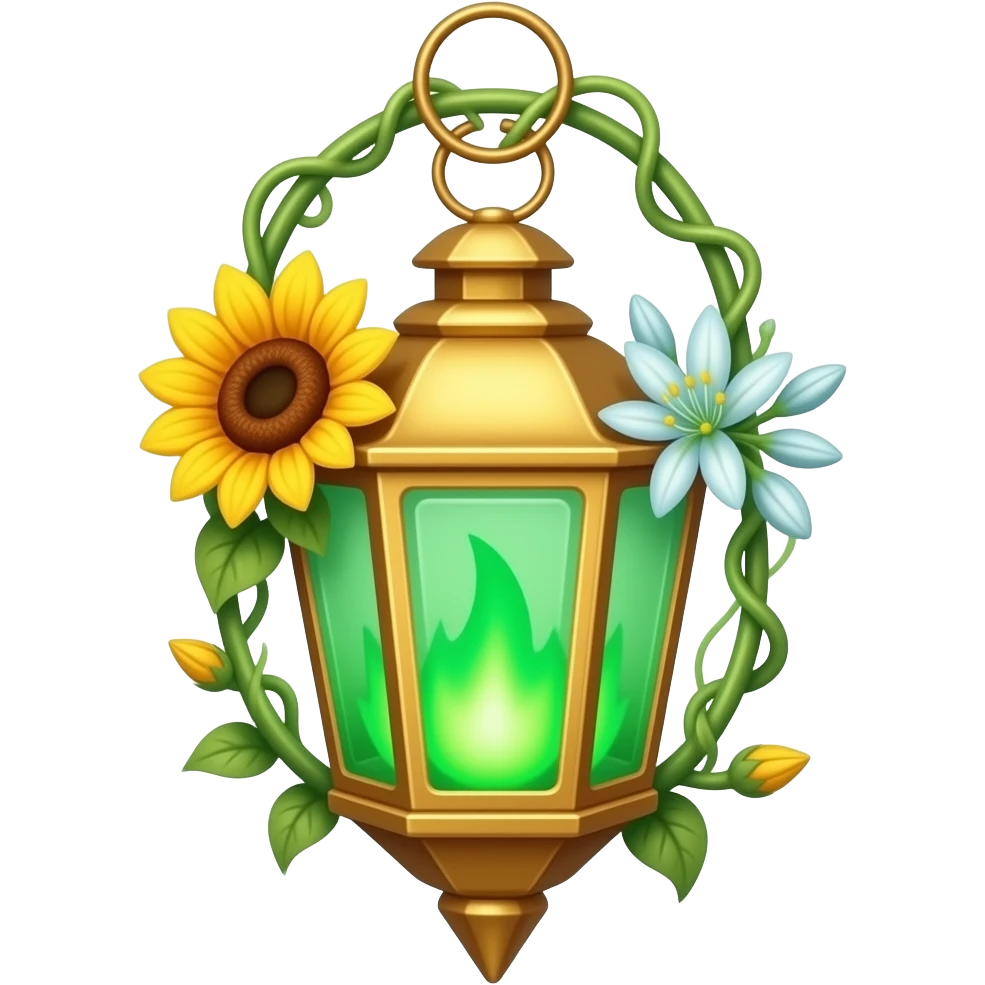 A golden hanging lantern with a bright emerald flames, an empty loop on top, sunflower & asphodel wrapping it, focus more on the green flames, paint the glass more green, have its bottom point come to some sort of point emoji