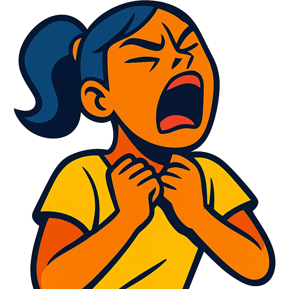 girl expressing intense emotion with hands near her neck, dramatic facial expression, vibrant toon style emoji