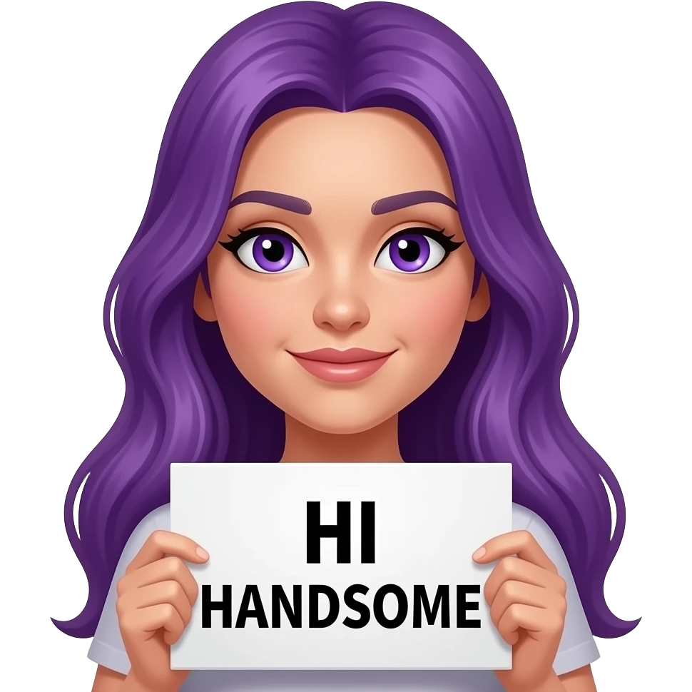 sexy girl with long purple hair and purple eyes holding a HI HANDSOME sign emoji