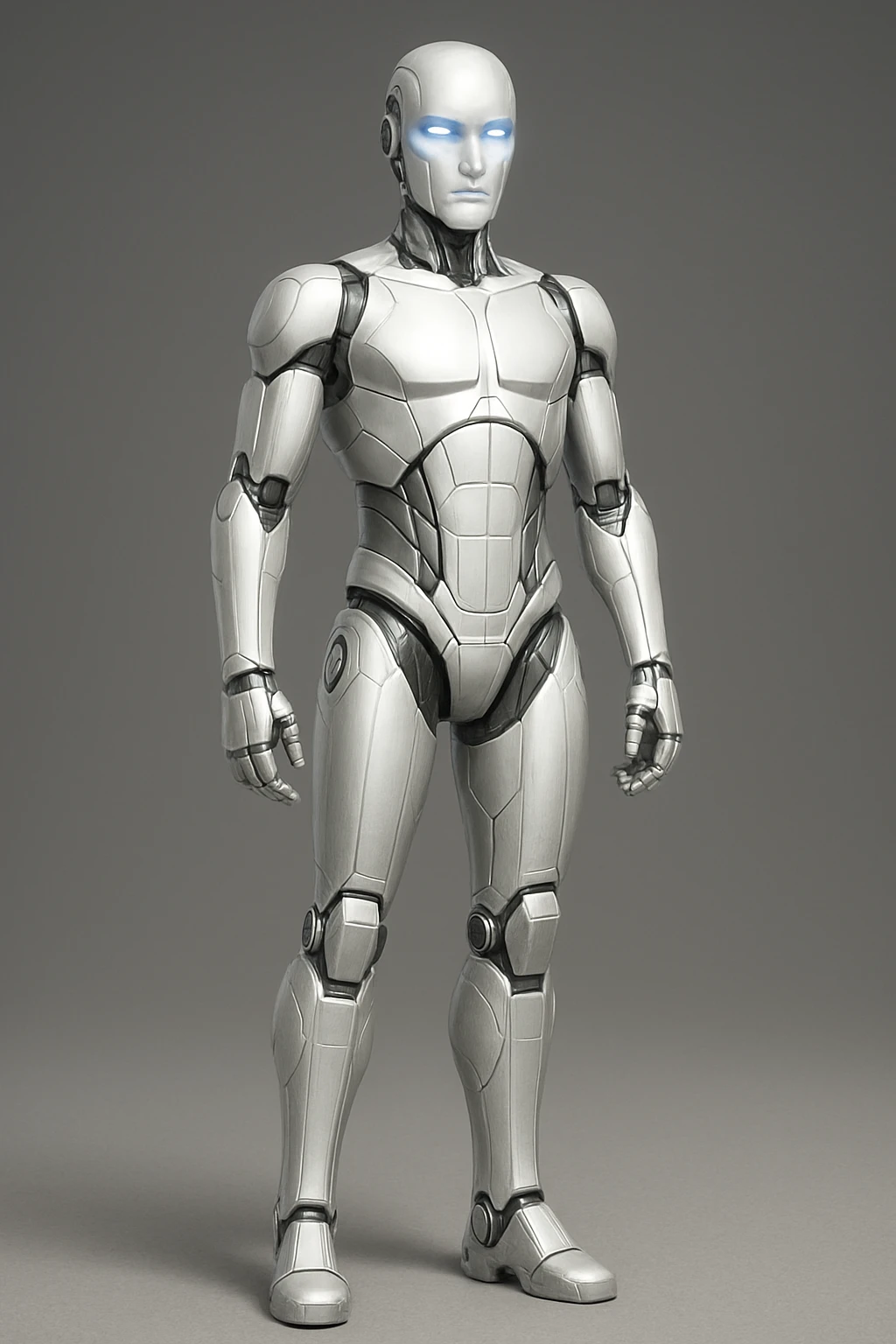 sleek white metallic humanoid robot representing artificial intelligence, glowing blue eyes, subtle facial features emoji