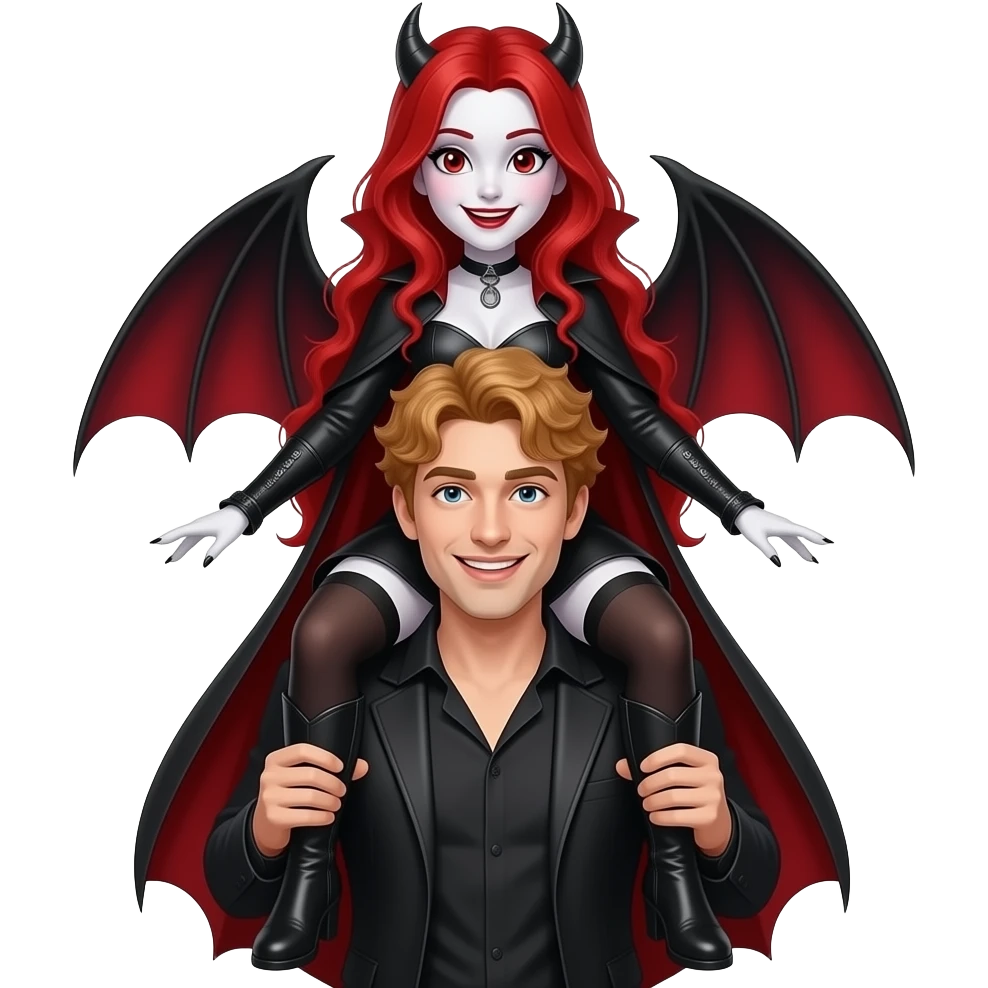 Vampiro femmina adolescente con la pelle bianca e i capelli rossi che indossa degli stivali lunghi neri sta sulla schiena del suo fidanzato VAMPIRO con la pelle bianca e i capelli ricci rosso chiaro e sono felici emoji