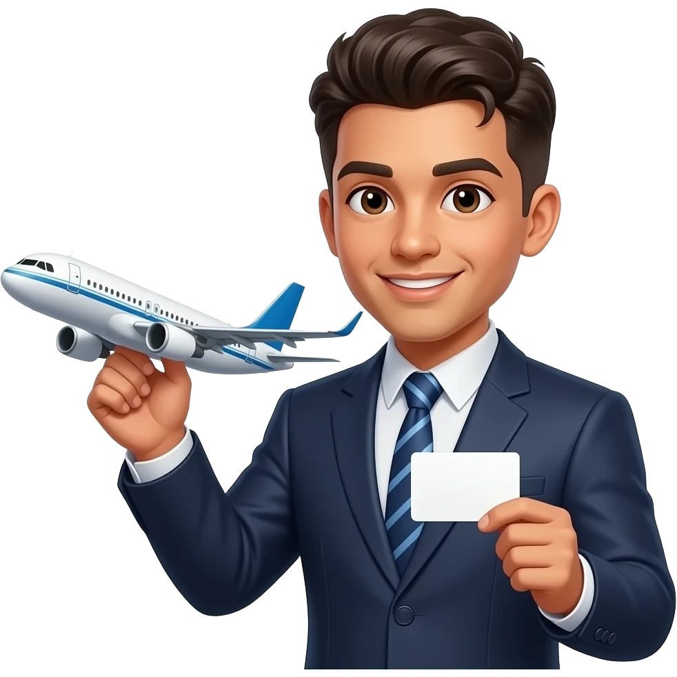 Hispanic teen with a bowl haircut wearing a suit holding an airplane and a business card emoji