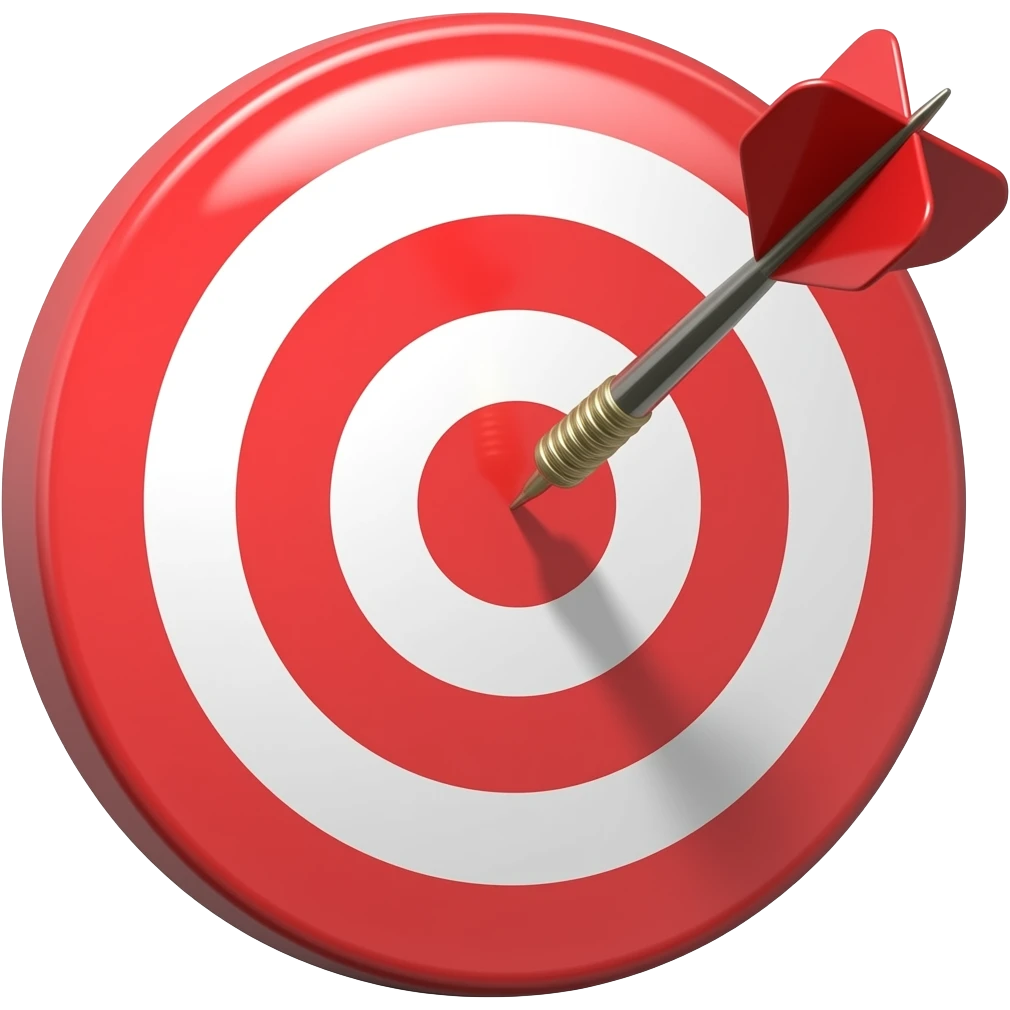 The Mark: 3D emoji style, glossy surface, soft shadows, white background, centered, no text, dart hitting a bullseye target, bold red and black, emoji