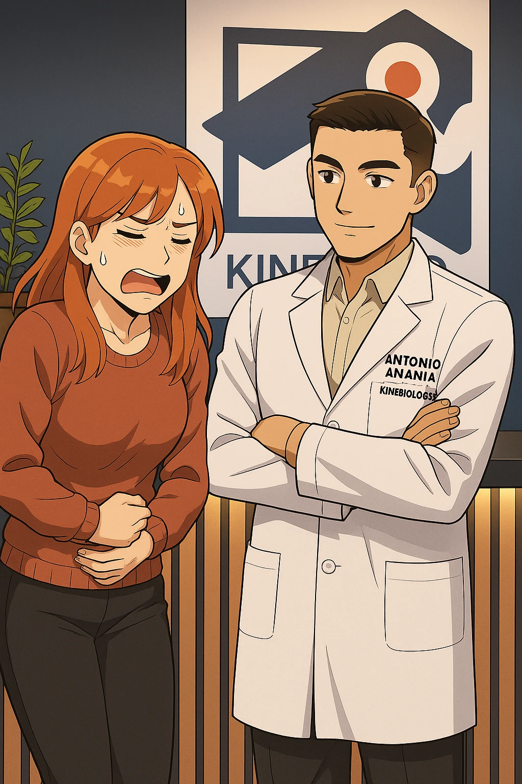 su questo stile fai un manga/webtoon a colori in cui una donna che parla esasperata dal suo problema, l'uomo della foto in stile manga gli risponde, mantieni un ambiente simile alla foto che ho allegato con il suo logo (sarebbe il suo studio, lui è un kinesiologo), scrivigli "ANTONIO ANANIA" sul camice bianco, non mettere fumetti, ma fai in modo che sembri che la donna chiede una cosa e l'uomo risponde alla sua domanda emoji
