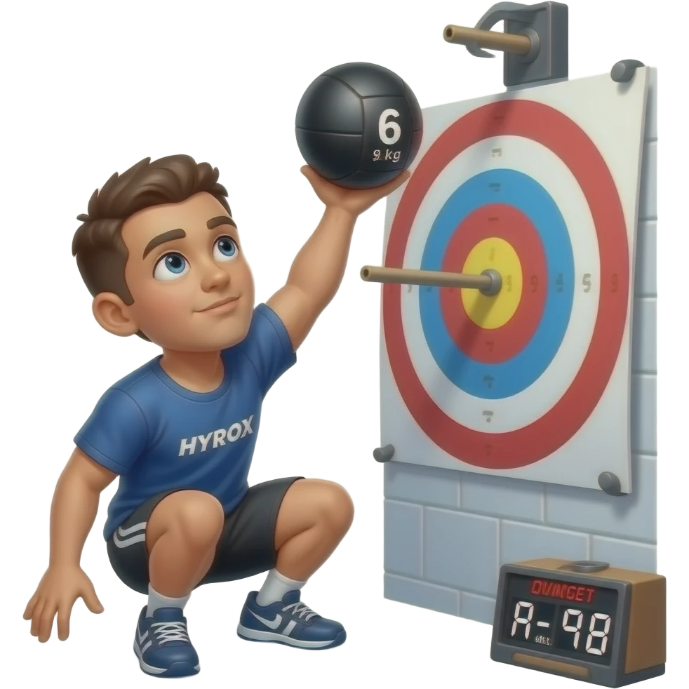 Full-body photograph of a HYROX competitor performing Wall Balls in the dedicated station. They are squatting low, eyes fixed upward, launching a 6kg/9kg medicine ball toward the 9ft/10ft target. Bright, cool arena lighting. Visible race clock displaying an advanced time. emoji