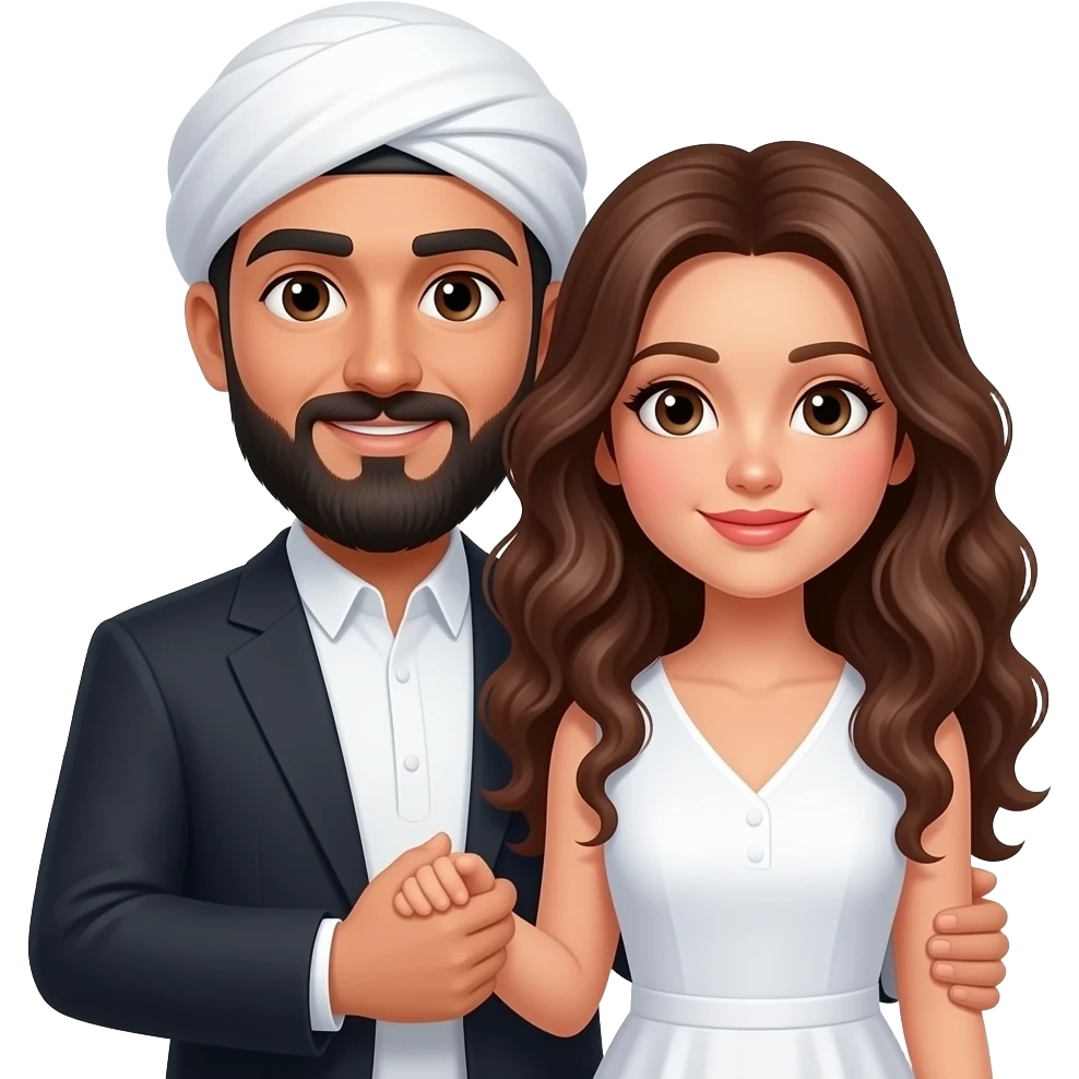 Black bald no mustache bearded Muslim man, bald, no hat, holding a white, long curly brown haired white female  No mustache on man With a bald head with nothing on his head With no hat on his head only skin showing on his bald head Square standard square Muslim hat emoji
