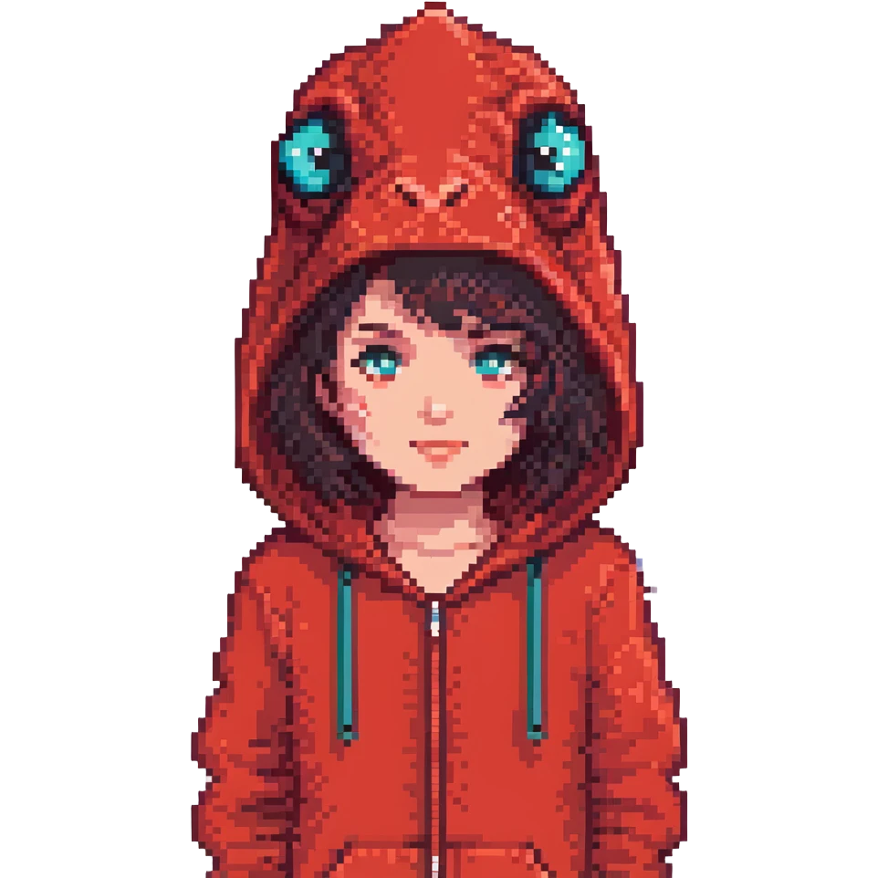 Minecraft pixel art face of Roxy, with red dinosaur onesie hood, dark hair, beard, matching the reference emoji