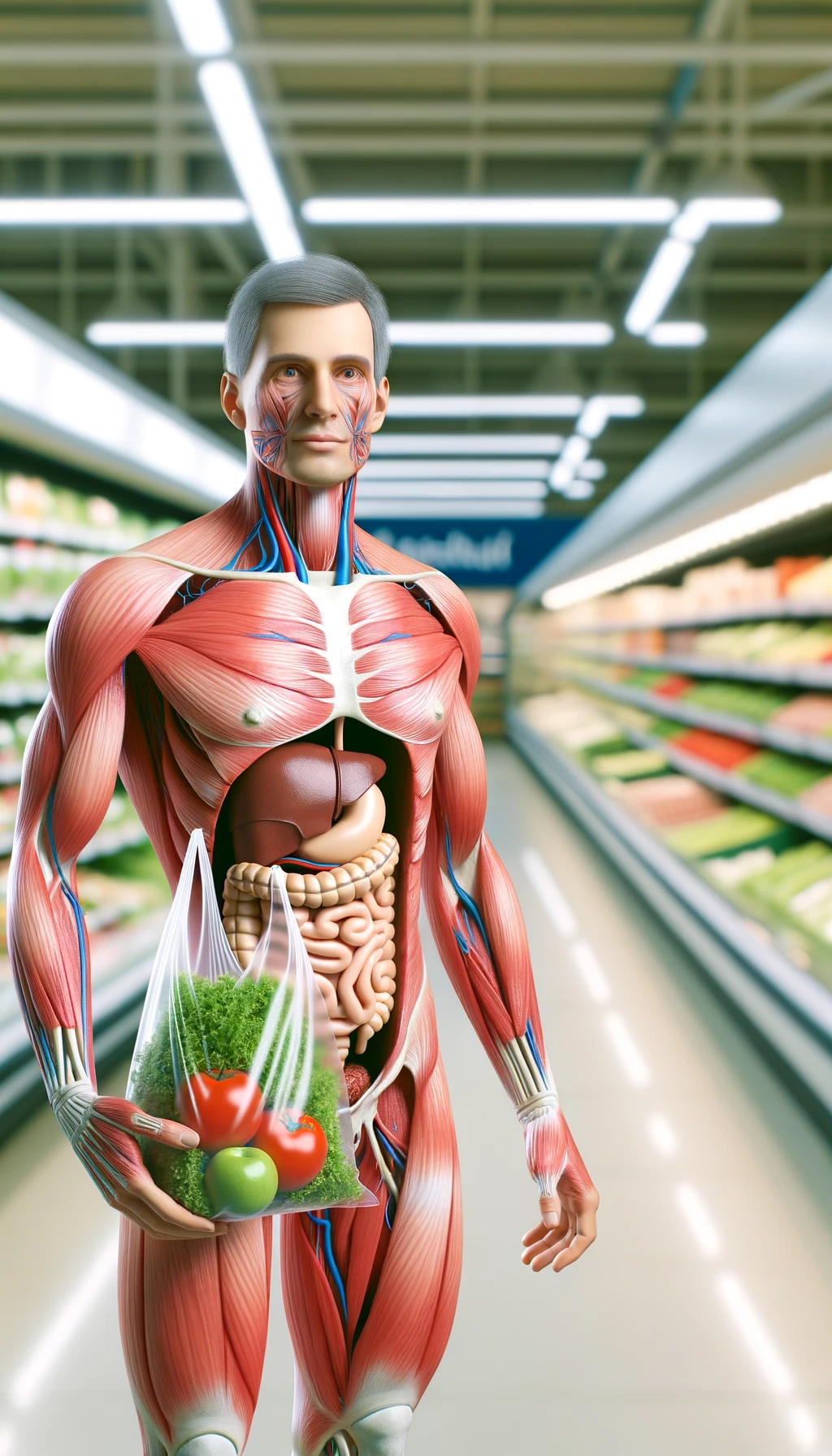corpo umano anatomico con capelli corti in un supermercato che tiene in mano una busta di insalata di plastica preconfezionata, intestino anatomico realistico in evidenza, supermercato sfocato sullo sfondo emoji