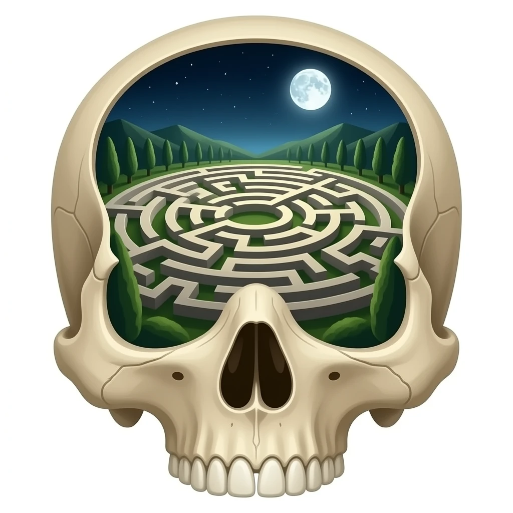 view from above into an open human skull containing the space of an ancient labyrinth emoji