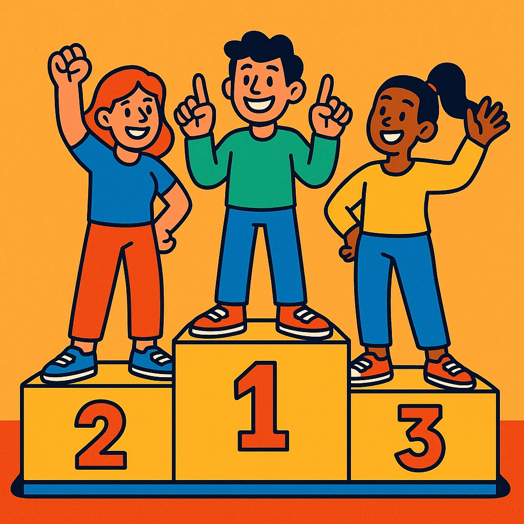 Three casually dressed people on a winners’ podium (2, 1, 3 left to right), each on their step. Center person on 1 holds up one finger on each hand. Fun, expressive, cheerful style. emoji