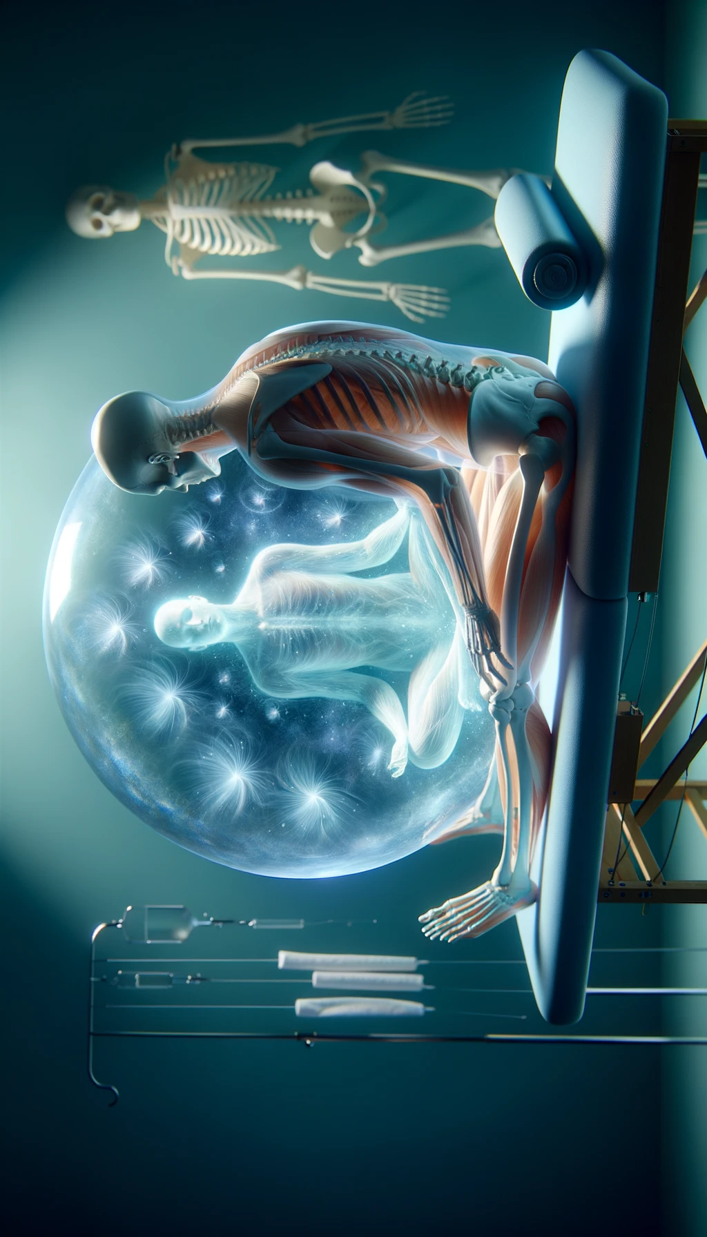 l'anima di un corpo umano anatomico gli esce dal corpo e si risveglia, misticità e serenità del corpo e della mente mentre sta seduto su un lettino di un kinesiologo, iperrealistico 4k emoji
