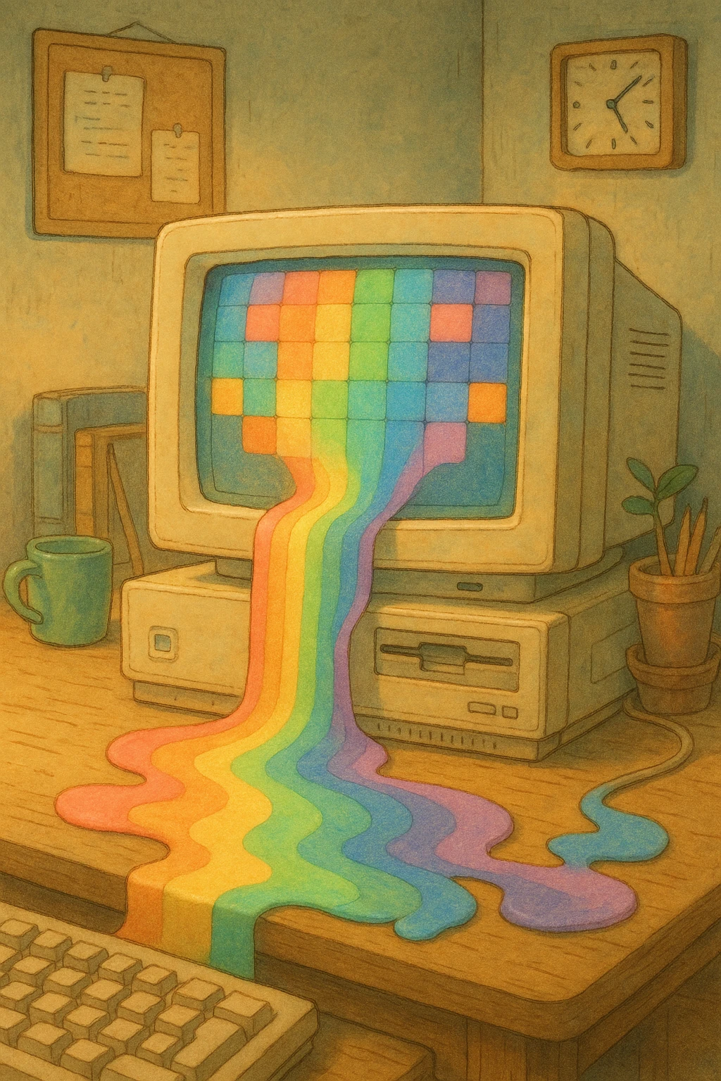 vintage computer monitor with rainbow pixels pouring out, ghibli style emoji