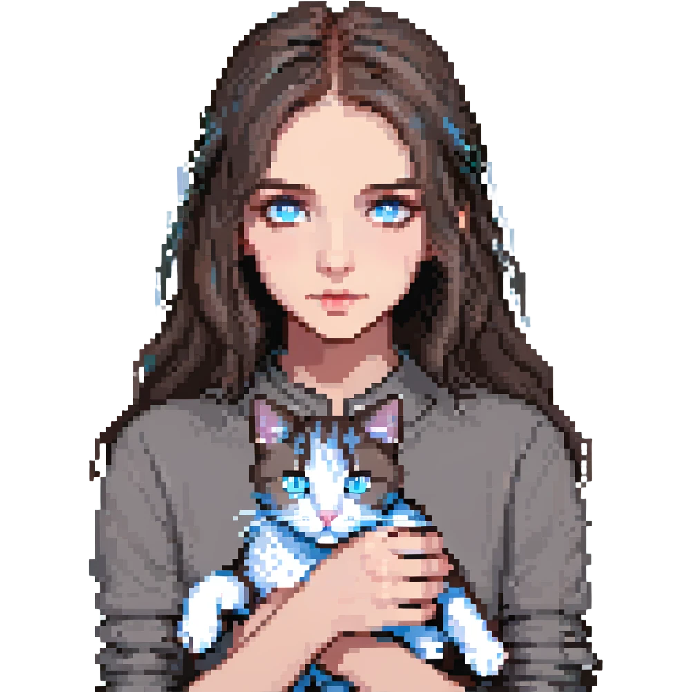 brunette girl with a gray cat with light blue eyes emoji