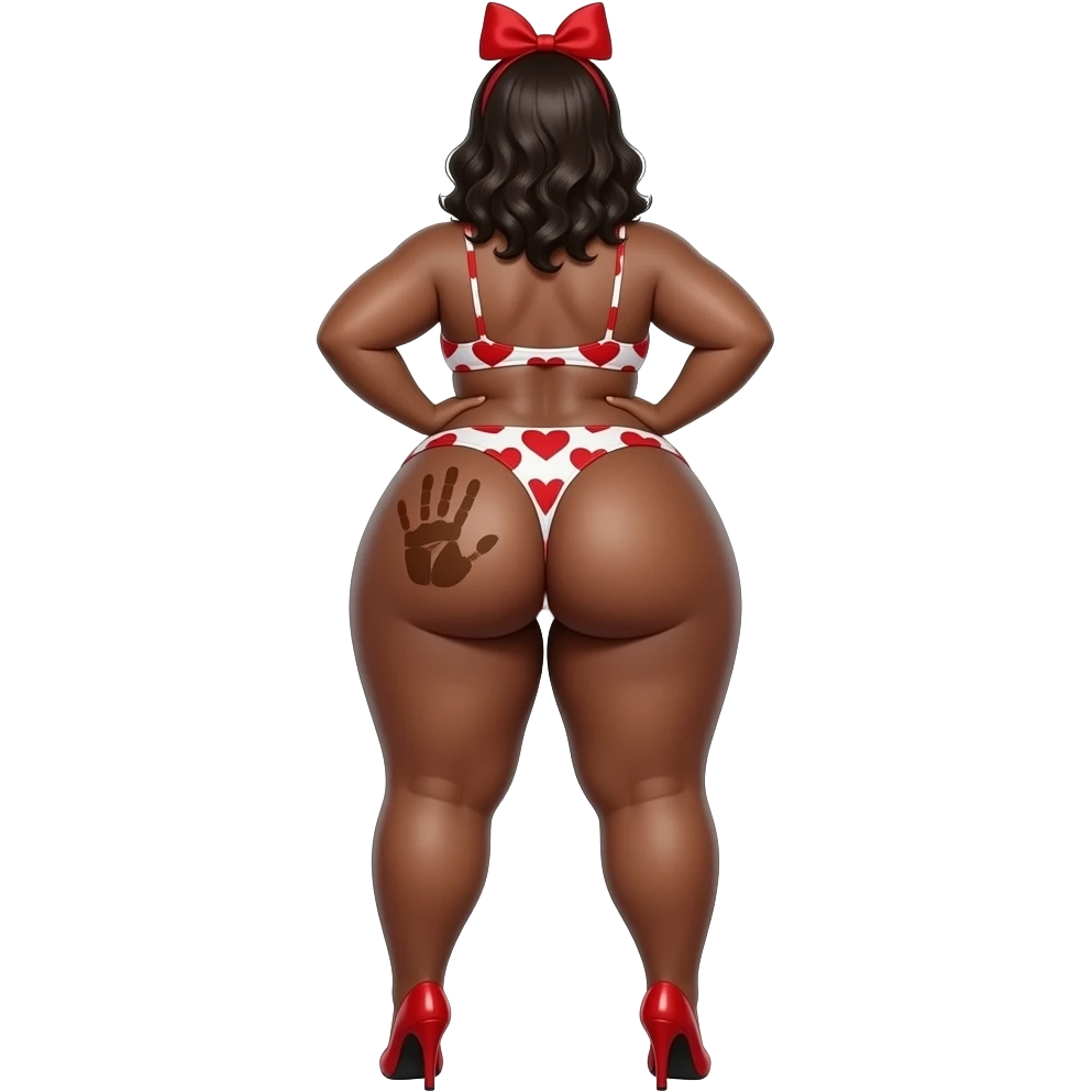A tall really extremely fat heart shaped red and white bikini big booty bbl African showing back its massively bog thighs and buttocks while putting her hands behind the wall and she has a brown colored hand print on her left buttocks and she with a red bow tie on her head wearing red high heels emoji