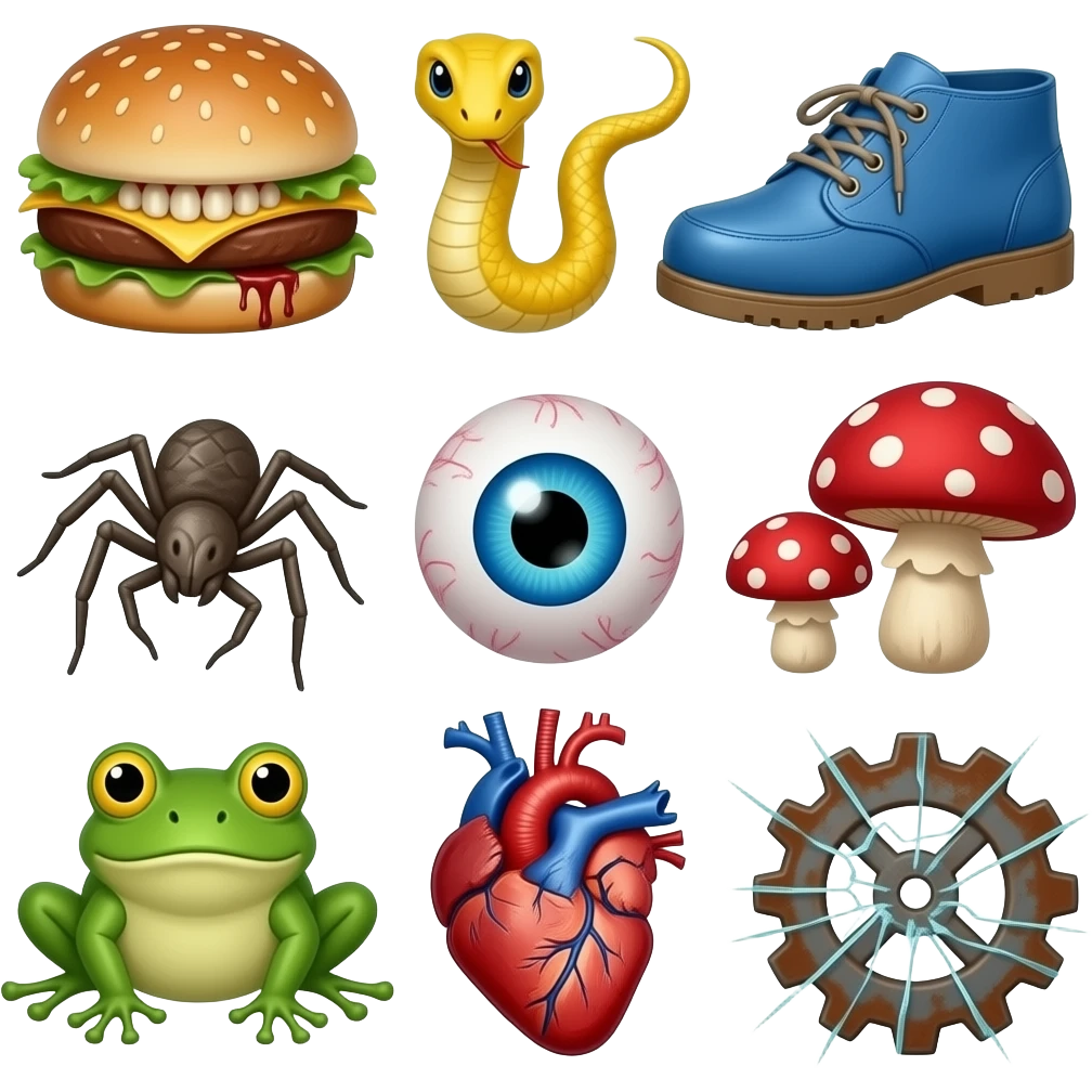 rotten hamburger bottom bun with human teeth   yellow snake blue shoe dead spider fishbone  red mushrooms  blue eyeball  green frog human heart rusty gear broken glass rotten hamburger top bun emoji