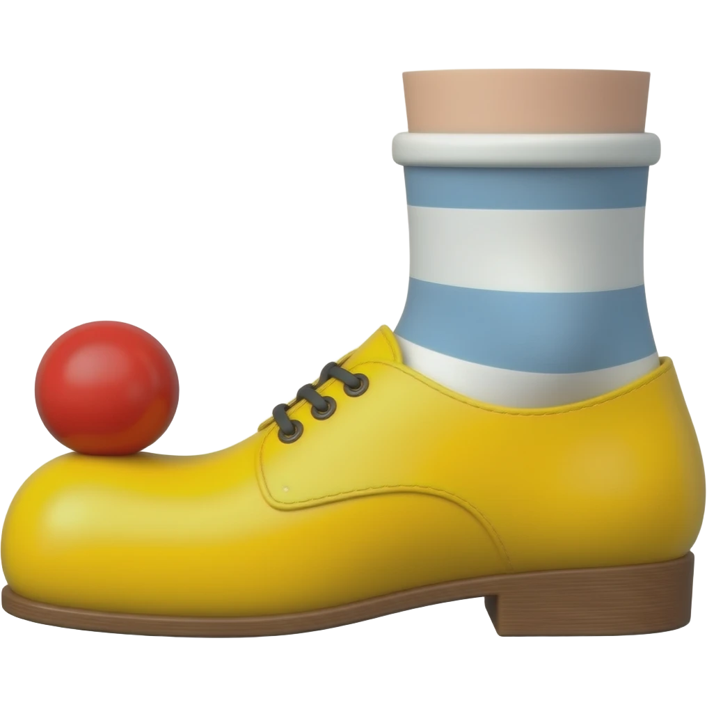 White toes with red toenails stick out of tip front of clown shoes emoji