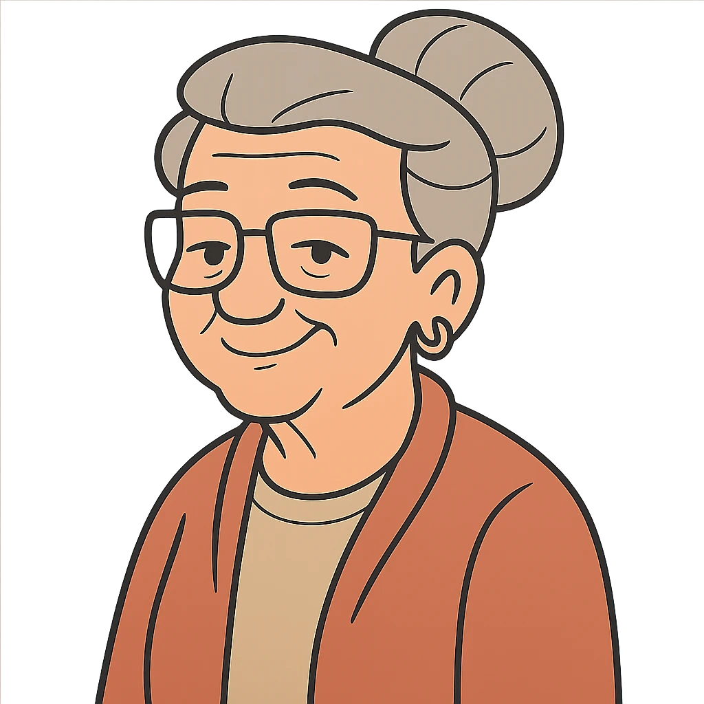 Remove the background and keep only the older woman wearing glasses in flat toon style with transparent background. emoji