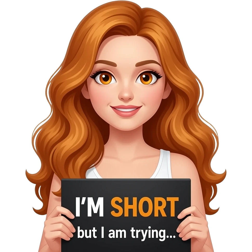 sexy girl with long wavy ginger hair and ginger eyes wearing a white tanktop is holding a black colored sign with I'M SHORT but I am trying... written on it emoji
