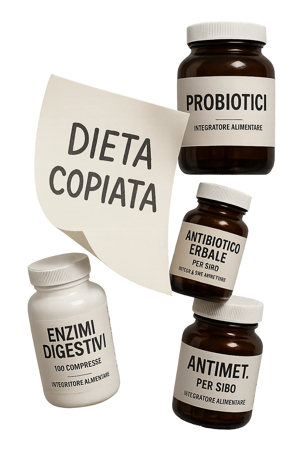 FOGLIO DI CARTA FLUTTUA IN ARIA CON LA SCRITTA "DIETA COPIATA", INSIEME A BARATTOLI DI INTEGRATORI PER CURARE IL SIBO IN ITALIANO, IPERREALISTICO 4K, NON DISEGNATO emoji