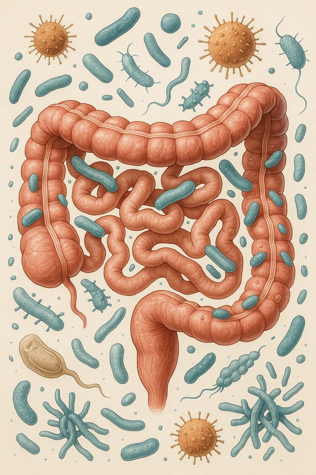 INTESTINO UMANO ANATOMICO CON BATTERI E PARASSITI INTORNO, SFONDO CHIARO NEUTRO, IPERREALISTICO 4K emoji