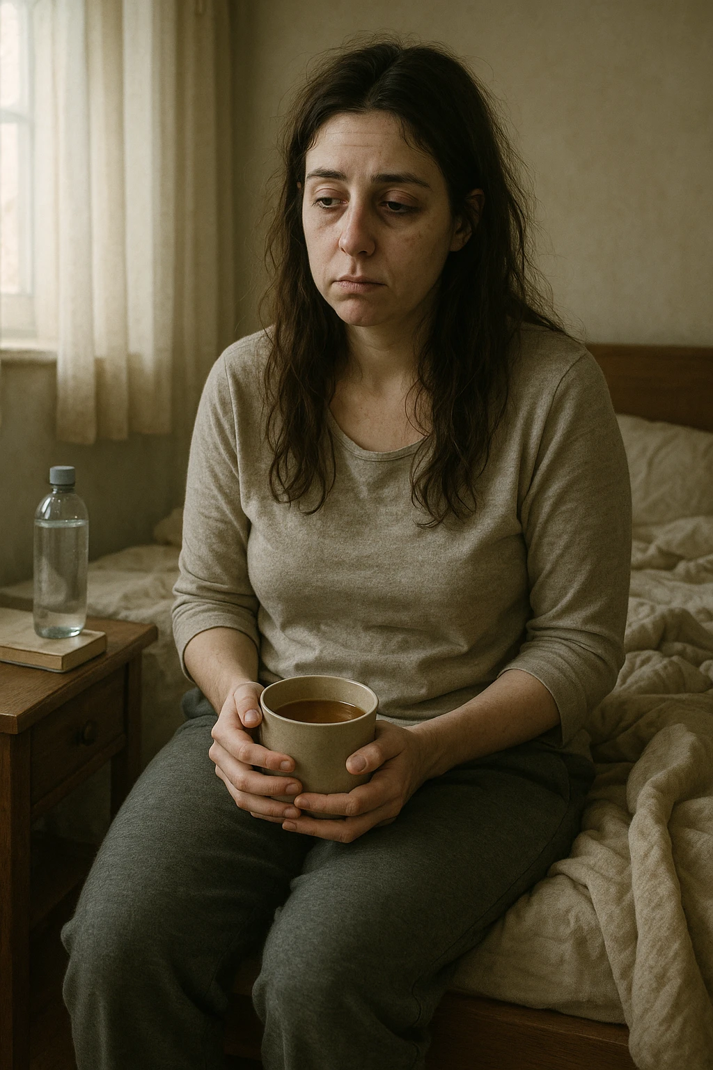 Create a vertical format, realistic, cinematic illustration of a woman in her early 30s with a tired, pale appearance, sitting on the edge of her bed in a softly lit bedroom during the morning. She looks exhausted and drained with a slightly slouched posture and visible dark circles under her eyes. She wears comfortable loungewear and holds a warm cup of herbal tea in her hands, seeking comfort. The scene includes a cozy yet slightly messy room with a blanket, a water bottle, and a book on the nightstand, emphasizing chronic fatigue. Soft natural light comes through the window, highlighting her expression of persistent tiredness despite rest, capturing the invisible struggle of chronic fatigue syndrome while maintaining dignity and a gentle aesthetic. Use the reference image for likeness and body type. emoji