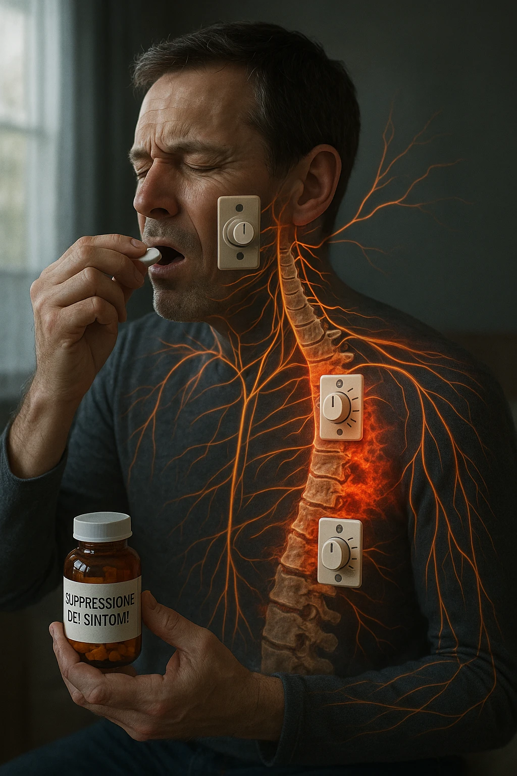 Realistica cinematic Man taking pain medication for chronic back pain, pills shown as dimmer switches turning down pain signals in transparent nervous system overlay, underlying spinal damage remaining completely untreated and worsening, expression of temporary relief masking progressive deterioration, medication bottle labeled 'symptom suppression' not 'cure', root cause inflammation continuing to spread in italiano emoji
