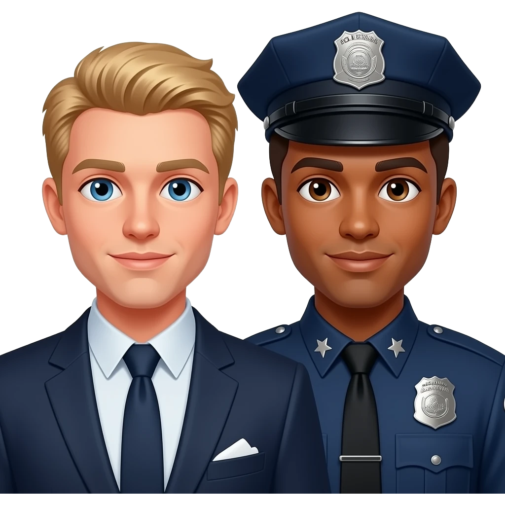 Make a young gay couple on a Date , one has light Skin with Blond Hair and Blue Eyes, the other one has slightly brown skin witz dark Brown Hair and Brown Eyes. The blond one is dressed as a banker, the brown one is dressed as a police officer. emoji