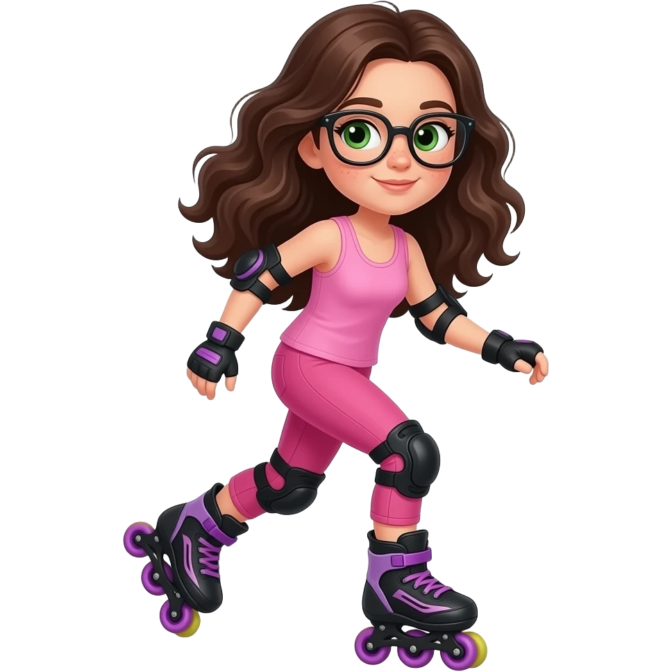 young girl in the style of iphone emoji people, fair skin, green eyes, glasses, freckles,long dark brown wavy hair, pink tank top and pink leggings, rides black and purple roller skates without a shield emoji