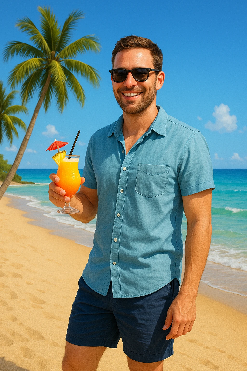 take this picture of a man and make it  beach photo with drink emoji