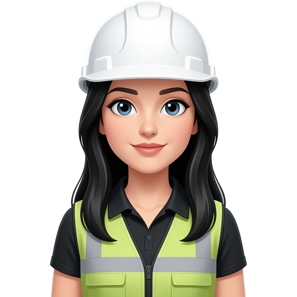 Mujer vestida de chaleco, de fondo haz una empresa industrial cabello totalmente negro largoooo y totalmente  liso, casco blanco, el rostro de mujer blanca EMOJI emoji