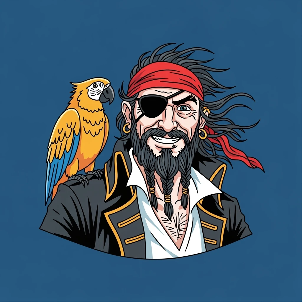 color vector art with thin outline of pirate with eye patch and parrot on shoulder emoji