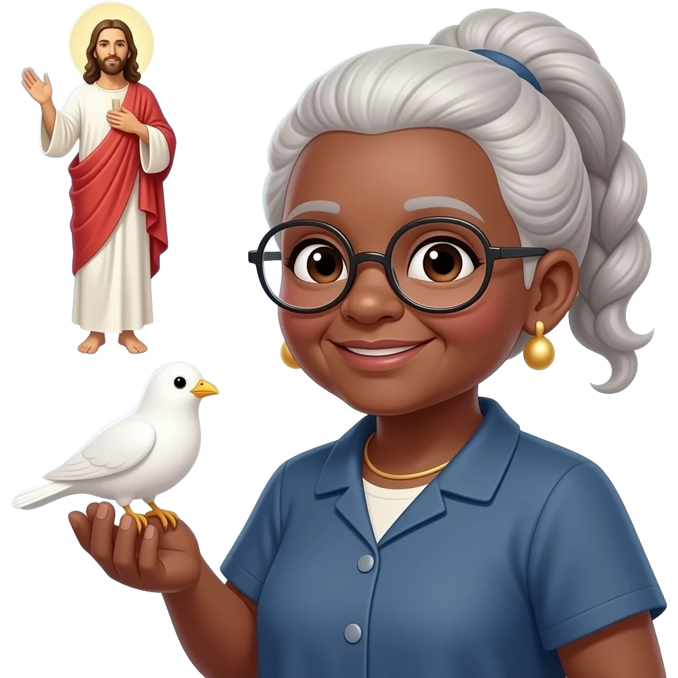Vovó negra com óculos cabelo amarrado pássaro Branco voando pró céu com jesus emoji