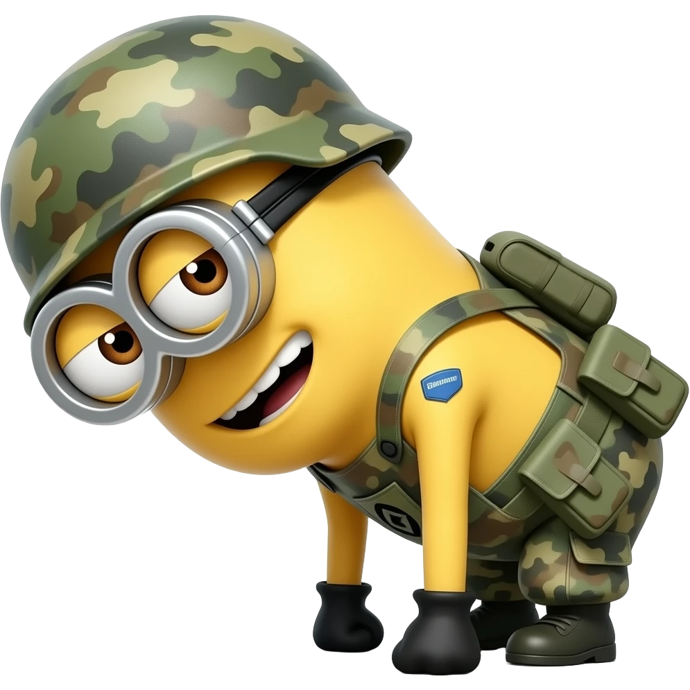 minion in army fatigues bend over here it comes again  text Bohica emoji