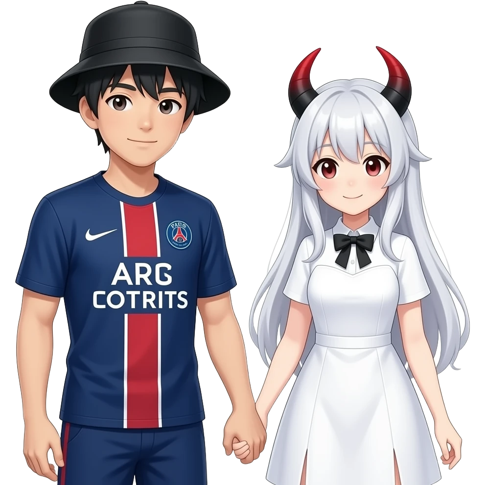 romantic date holding hands. The guy is asian an wears a black fishing hat and a dark blue soccer tricot from PSG. The girl is dressed as an anime girl with a white wig, white dress and black-red horns emoji